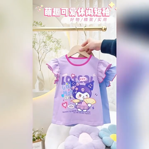Little Baby Girl T-Shirt Kuromi Cinamoroll Melody Ruffle Sleeve Cartoon Cute Pretty Pink Blue Purple Round Neckline Comfy Outfit Summer Wear Shopping Wear Matching Nice Tops Kids Clothes