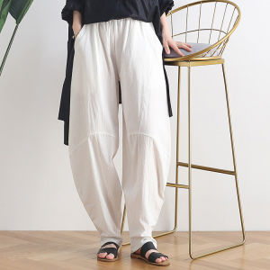 Womens Loose High Waist Lantern Pants Autumn Cotton Linen Drapey Style Harajuku Carrot Pants Casual Wide Leg Trousers