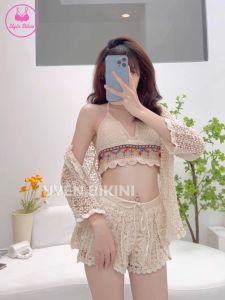 Đồ bơi nữ bikini 3 món ren móc quảng châu cổ V phong cách vintage đồ đi biển bikini kín đáo