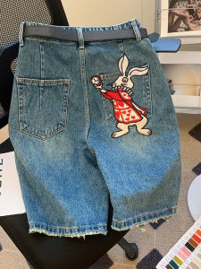 Quần Short Denim Thêu Tay Ngắn Năm Mảnh Cho Nữ Mùa Hè Mỏng Cạp Cao Thon Gọn Ống Rộng Quần Jeans Cotton Polyester Viscose