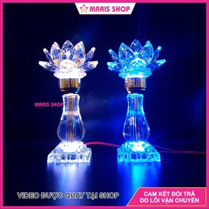 [Giá một cặp] Bộ 2 Cây Đèn Hoa Sen Pha Lê Nguyên Khối Cao 23cm Để Bàn Thờ Phật 2 Tầng LED Đổi Màu Cao Cấp [MRHT35]