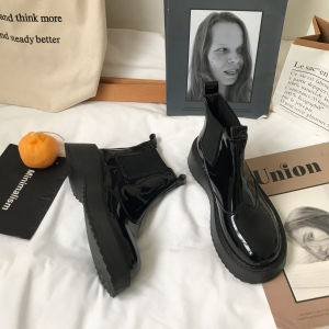 Korean Style Thick Bottom Martin Boots Womens Chelsea Boots Short Tube High Heel Platform Boots PU Leather round Toe Boots