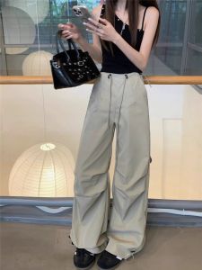 Quần Dài Ống Rộng Cạp Cao Màu Đào Có Dây Rút Phong Cách Mỹ Dành Cho Nữ Mùa Đông 2025 Quần Thể Thao Quần Áo Bảo Hộ Lao Động