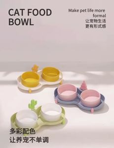 Ceramic Pet Cat & Dog Double Feeding Bowl High Foot Tilted Neck Protect | Mangkuk Tinggi Haiwan Kucing Seramik Pelindung Leher | 猫犬猫咪狗狗宠物陶瓷粮食盆碗饮水盆碗防打翻双碗可爱新款护颈提高