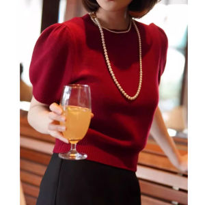 Elegant Fancy Short Sleeve Knitwear Summer Trendy Anti-Aging Slimming T-shirt Casual Easiest for Match Ice Silk Top Women