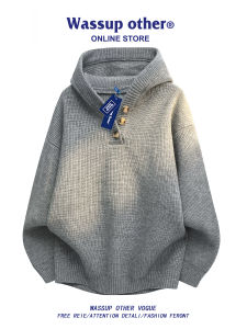 American Style Hooded Henley Collar Casual Knitted Sweater for Men