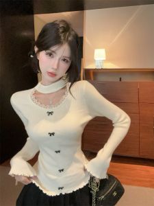 GUZILIAN | Elegant Long Sleeve Lace Knitwear Womens Base Layer Top Butterfly Knot Hollow Out Design Autumn Winter New Style Commute Fashion