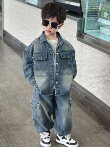 Boys Casual Fashionable Denim Jacket And Pants Set Collared Two-Piece Suit Spring Autumn Wear Cool Stylish Teen Clothing