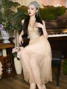 ชุดราตรีผ้าตาข่ายประดับเลื่อมสีทองแชมเปญหรูหรา กระโปรงทรงเอ แขนกุด คอตั้ง กระโปรงทรงเอ ชุดทำงานฤดูใบไม้ผลิและฤดูใบไม้ร่วง