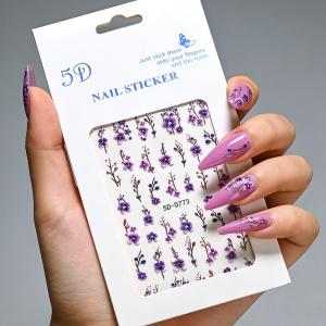 1Pcs 5D Embossed Purple Flower Nail Art Stickers Plum Blossom Self-adhesive Nails Decals Spring Floral DIY Manicure Decorations