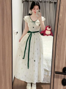 De Lini | ชุดเดรสยาวลายดอกไม้สไตล์วินเทจสไตล์ญี่ปุ่น กระโปรงทรงเอเอวสูง แขนกุด คอวี ผ้าโพลีเอสเตอร์ ชุดเดรสยาวทรงเอ