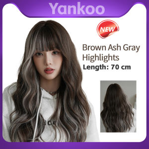 Natural High Quality Polyester 70 Cm Long Curly Brown Ash Gray Highlights Wig