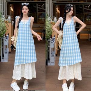 ชุดเดรสยาวแขนกุดลายสก็อตสีแดงสไตล์วินเทจ ทรงเอ กระโปรงทรงเอ ผ้าโพลีเอสเตอร์ ทรงหลวม ฤดูร้อน 2025 ชุดเดรสยาวแขนกุด