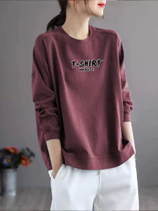 เสื้อยืดคอกลมแขนยาวผ้าฝ้ายแท้สำหรับผู้หญิง ฤดูใบไม้ร่วง 2023 แฟชั่น เสื้อเชิ้ตพื้นฐานหลวมๆ ลายการ์ตูน ลดอายุ แฟชั่น