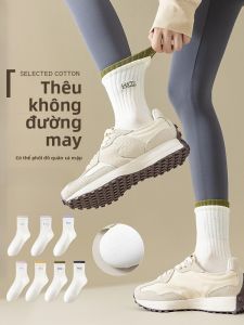 JINGCHI | Tất cotton trắng cho nữ Tất thể thao đến giữa bắp chân Tất chống mùi Tất cotton không xương cho quần Shark