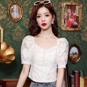 Mùa Hè Pháp Mới Dễ Thương Phong Cách Vuông Bảo Vệ Tuổi Tác Cổ Áo Tay Ngắn Bong Bóng Nữ Ren Vải Voan Áo Blouse Áo K-style Rộng Rãi Fit Áo Chui Đầu