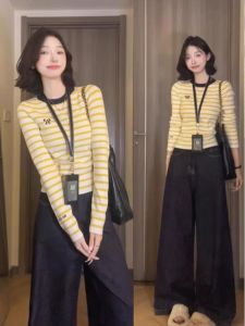 เสื้อชั้นในผู้หญิงทรงเข้ารูปลายทางสีบล็อกผูกโบว์ผีเสื้อสำหรับฤดูใบไม้ร่วง/ฤดูหนาว เสื้อสเวตเตอร์ถักเนื้อนุ่มสบาย สไตล์เกาหลี