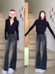 เสื้อสเวตเตอร์ถักแขนยาวสีดำ สำหรับผู้หญิง ฤดูใบไม้ร่วง 2024 แจ็คเก็ตถักแบบมีซิป แจ็คเก็ตคาร์ดิแกน แจ็คเก็ตแบบสวมทับ