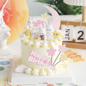 Birthday Cake Decoration Soft Clay Moon Rabbit Cartoon Card Insert Baking Decorative Display Piece Party Festival Supplies
