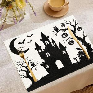 VIKAMA 2/4/6pcs Halloween Table Mat Black Cat Ghost Pumpkin Witch Hat Bat Table Mat Party Table Decoration