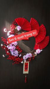 Set 6 Quạt Đỏ Đính Ngọc Trai Trang Trí Ngày Lễ TếtNhà Cửa