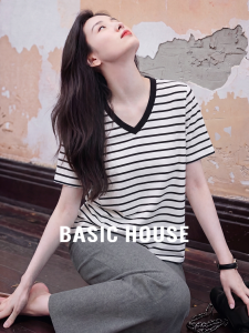 Basic House | Striped V-Neck Short Sleeve T-Shirt for Women Summer