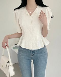 เสื้อเชิ้ตแขนพองทรงเข้ารูปสไตล์ฝรั่งเศสย้อนยุค ลายดอกกุหลาบ แขนพอง ทรงเข้ารูป แขนสั้น คอโปโล ทรงเข้ารูป แขนสั้น