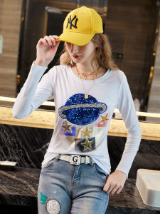 Fashionable Geometric Print Long Sleeve round Neck T-Shirt Womens Base Shirt Spring Autumn Bright Sequins Womens Top