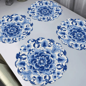 Bộ Thảm Trải Bàn Hoa Màu Xanh Và Trắng VIKAMA 4PC - Bộ Thảm Trải Bàn Kiểu Nông Thôn Thơm Ngát Trang Trí Bàn Ăn Dễ Chăm Sóc Chất Liệu Polyester.