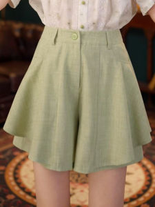 Shalldoer | Quần short xanh cạp cao ôm sát cơ thể thường ngày cho nữ mùa hè 2025 quần dài ống rộng chữ A cạp cao phong cách ngọt ngào