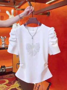 New Fashion European Designed Small Crowd Butterfly Beaded Waist-Cinching Top