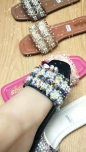 Sandal Slop Slip On Flat Teplek Wanita Variasi Mutiara Kriting Terbaru Modis Kekinian | Sendal Kteplek Flip Flop Selop Casual Perempuan Dewasa Warna Hitam Moca Krem Ping