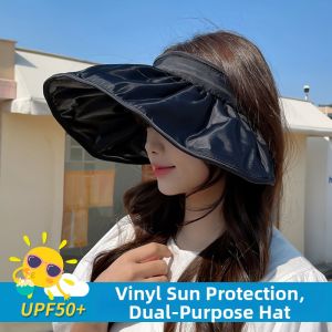 Womens Summer Sun Protection Hat Black Glue Shell Outdoor Big Brim Face Covering Sun Hat Sweet Cute Style Foldable UPF50+