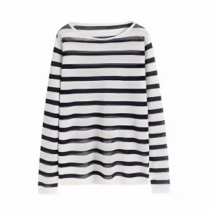 YUEZHONGWEI | Summer Thin Ice Silk Long Sleeve T-Shirt Womens Loose Over Shirt Round Neck Striped Color Block Air Conditioning Top