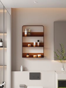 ตู้กระจกอะคริลิกติดผนังสำหรับห้องน้ำแบบไม่ต้องเจาะ ชั้นวางเครื่องสำอางแบบแขวนได้ ชั้นวางของในห้องน้ำแบบโปร่งใส ทรงเรียบง่าย ด้านบนเคลือบเงา