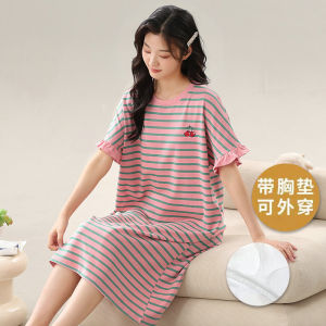 Nightdress Womens Thin 2024 New Arrival with Chest Pad One-Piece Summer K-style Pure Cotton Suitable for Daily Wear Cherry Homewear