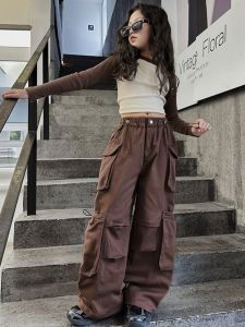 Retro American High Street Girls Cargo Pants Loose Straight Leg Wide Leg Casual Long Trousers for Children Spring Autumn