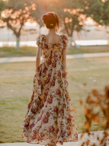 PAIBOLI | Summer Floral Print Maxi Dress Womens Sweet Oversize Style Fairy Tale Forest System Scented Long Skirt Ankle Length Dress