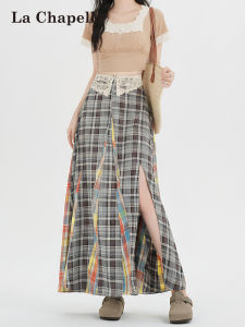 La Chapelle | Retro Lace and Check Long A-line Skirt