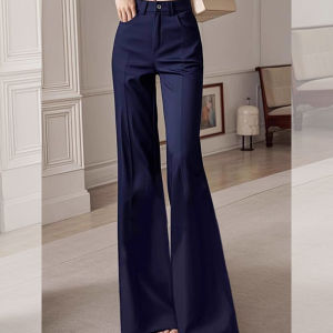 Deep Blue Womens Suit Pants High Waist Flared Wide Leg Straight Cut Long Trousers Commute Style Korean Fashion Casual Pants