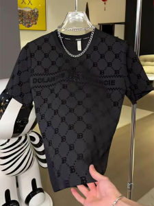 High-End Short Sleeve T-Shirt Mens Summer New Fashion Brand Full Print Rhinestone round Neck Business Casual Loose Fit Shirt