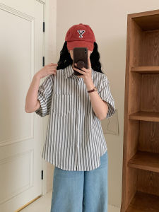 Casual Stripe Shirt Womens Summer New Loose Fit Short Sleeve Luxury Feel Vintage Style Hong Kong Style Top