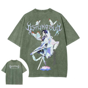 Bandai | Demon Slayer Mens and Womens Washed T-Shirt Shinobu Kocho Summer and Spring Anime Tee Retro Distressed Oversize Short Sleeve