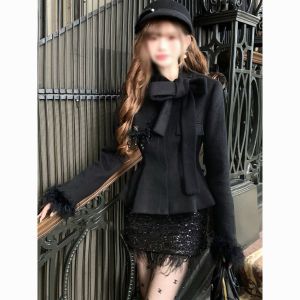 Elegant French Style Black Mini Dress with Belt And Butterfly Knot Sparkling Sequins Wrap around Skirt Long Sleeve round Neck