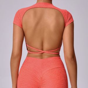 Womens Fitness Clothing Backless Yoga Top Cross Back Sports Shirt Short Sleeve Removable Chest Pad Outdoor Wear Casual Wear