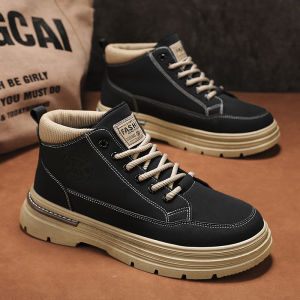 Mens Winter Casual Martin Boots Heightening Outdoor Sports Black Work Boots Retro British Style Mid-Calf round Toe Rubber Sole