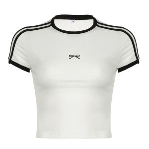 🦋VEVE เสื้อแฟชั่นผญๆ เสื้อยืดแขนสั้นปักหมุดสีตัดกันด้านบนแขนสั้นแขนสั้นผู้หญิง