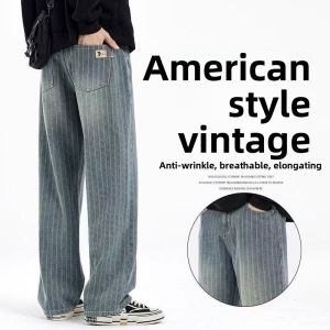 American Retro Mens Jeans Casual Straight Leg Long Pants Summer Spring Loose Fit Simple Star Pattern Versatile Classic Blue
