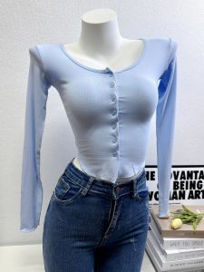 เซ็กซี่ สั้น แขนกุด ผู้หญิง เสื้อยืดแขนยาวปุ่ม ดีไซน์ รัดรูป Fit ผ้าฝ้าย โพลีเอสเตอร์ Blend ฤดูใบไม้ร่วง ฤดูหนาว เสื้อแฟชั่น