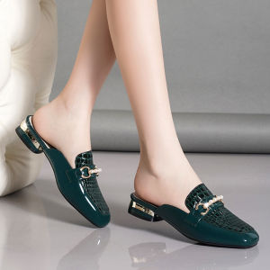 Luzi Belle 2024 New Womens Fashion Low Heel Sandals Leather Covered Toe Semi Slippers Summer Outdoor Flat Bottom Cool Sandals